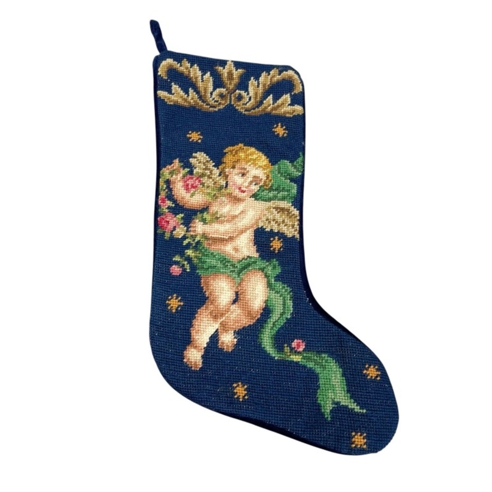 Vintage Imperial Elegance Needlepoint Christmas Stocking Blue Cherub Victorian